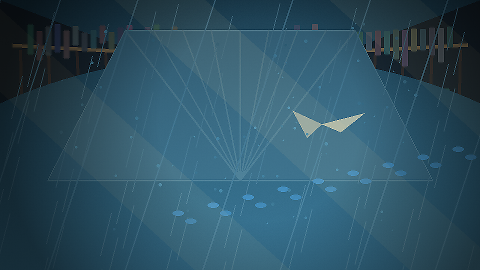 Choice thumbnail: follow blue footprints toward the rainlit atrium.