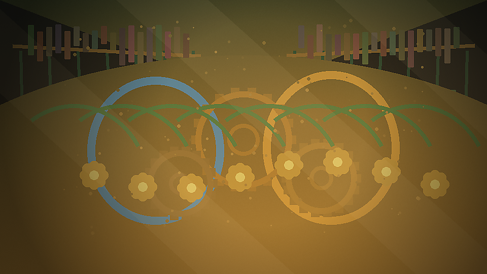 Clockwork Garden scene background: brass flowers, gears, vines, and two glowing gates.