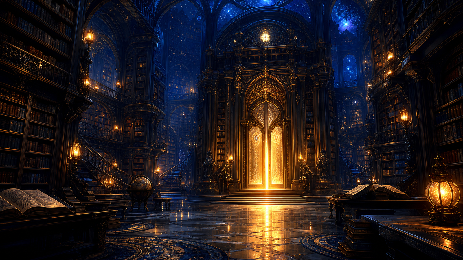 The Library Door: a cinematic enchanted library with a glowing golden doorway.